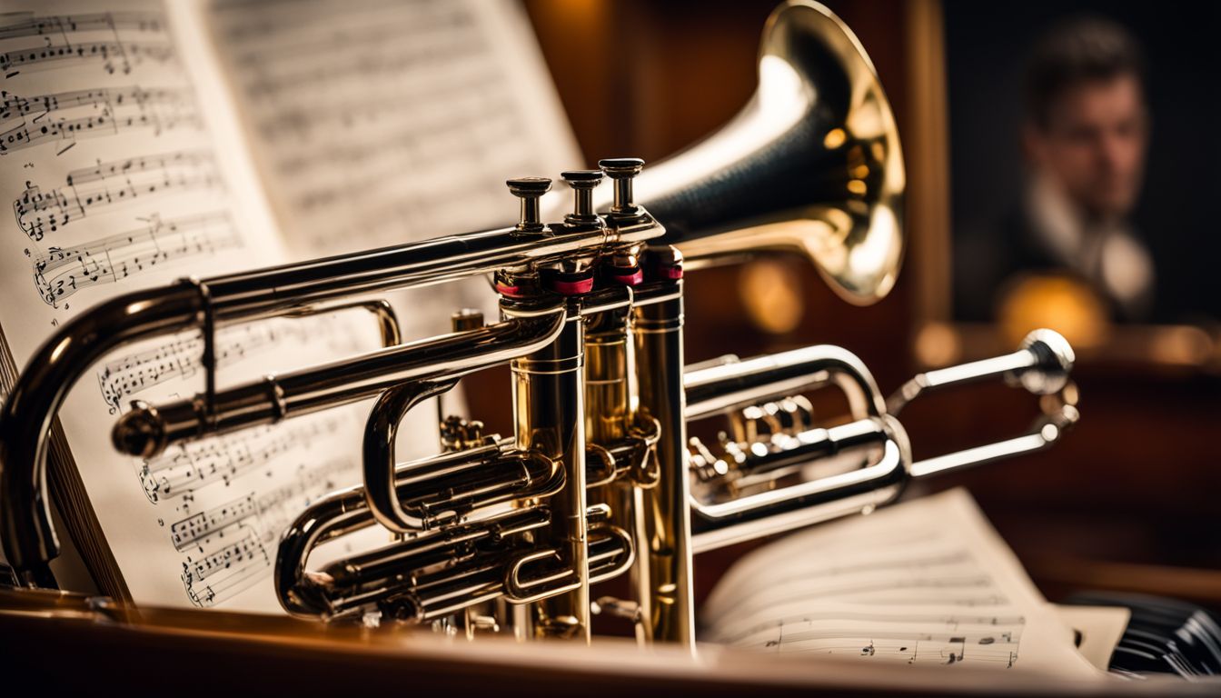 A photo of a trumpet surrounded by various musical instruments and sheet music in a bustling atmosphere.