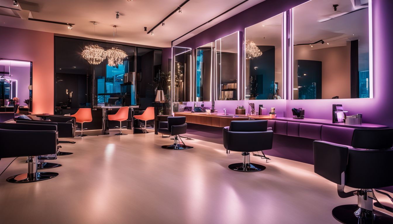 A stylish and bustling salon filled with people of diverse appearances, hairstyles, and outfits.