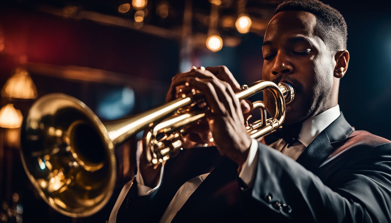 A jazz musician plays the trumpet in a dimly lit jazz club, capturing the atmosphere and emotion of the performance.