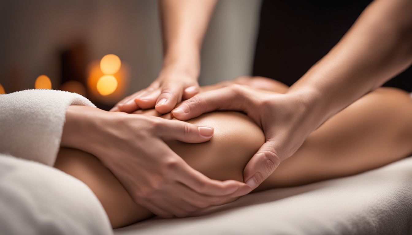 A therapist is massaging a client's hands in a serene spa environment.