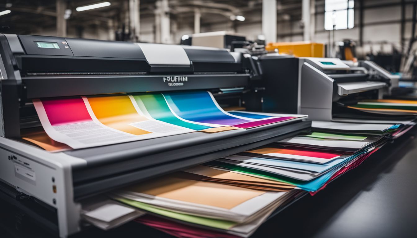 A stack of colorful documents being laminated in a busy workplace surrounded by various lamination machines and materials.