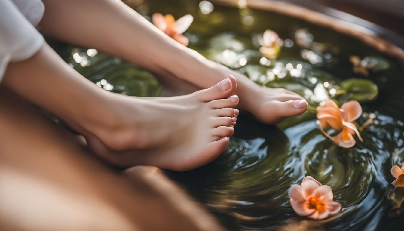 A photo of a well-groomed foot surrounded by spa elements, showcasing different people and styles.