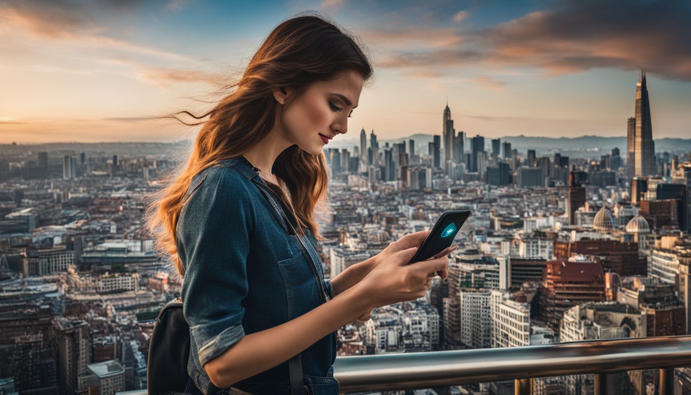 A person downloads the JC Global App on their smartphone against a cityscape background.