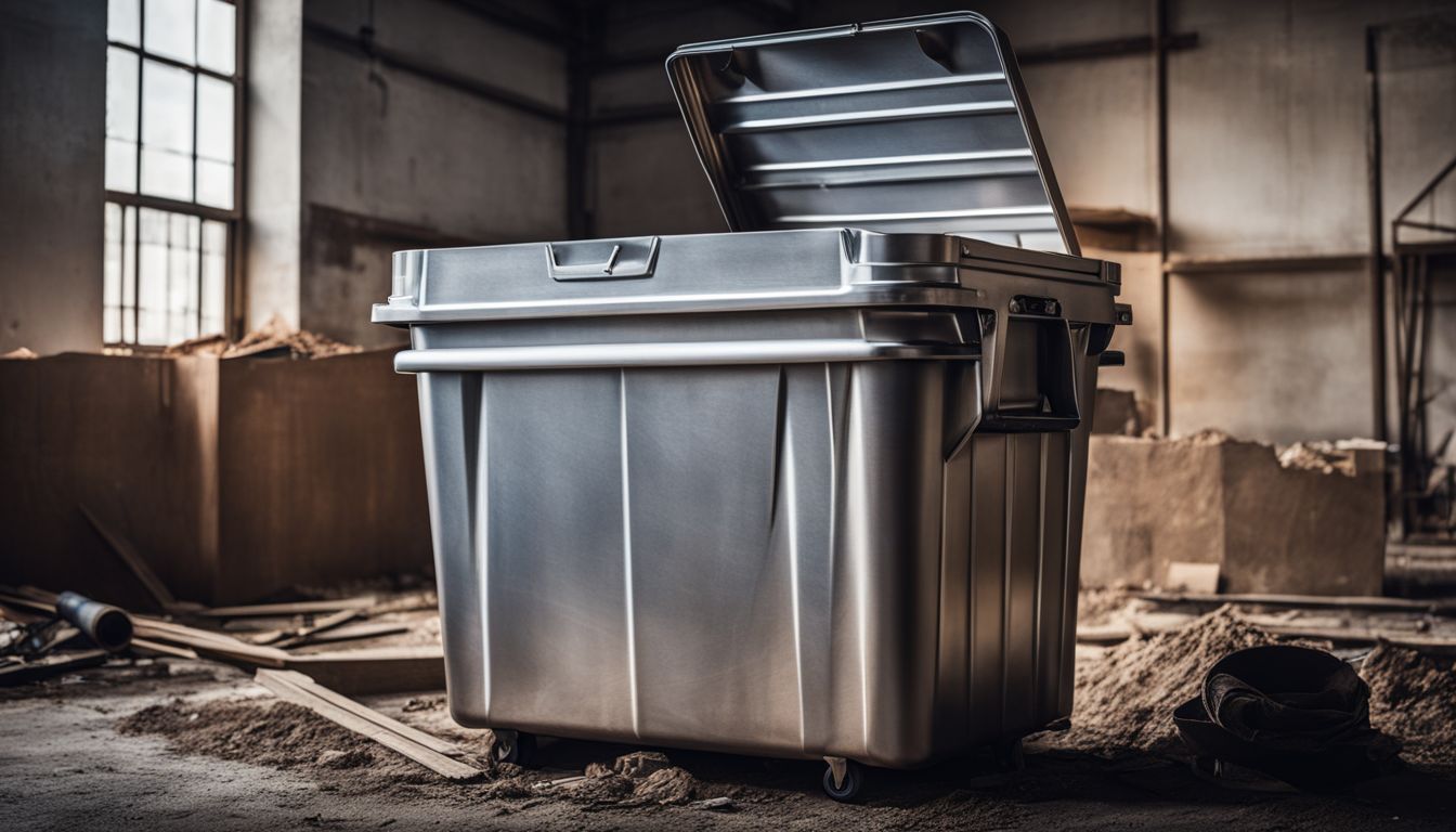 A stainless steel bin in a construction site surrounded by tools and debris, representing a bustling industrial atmosphere.