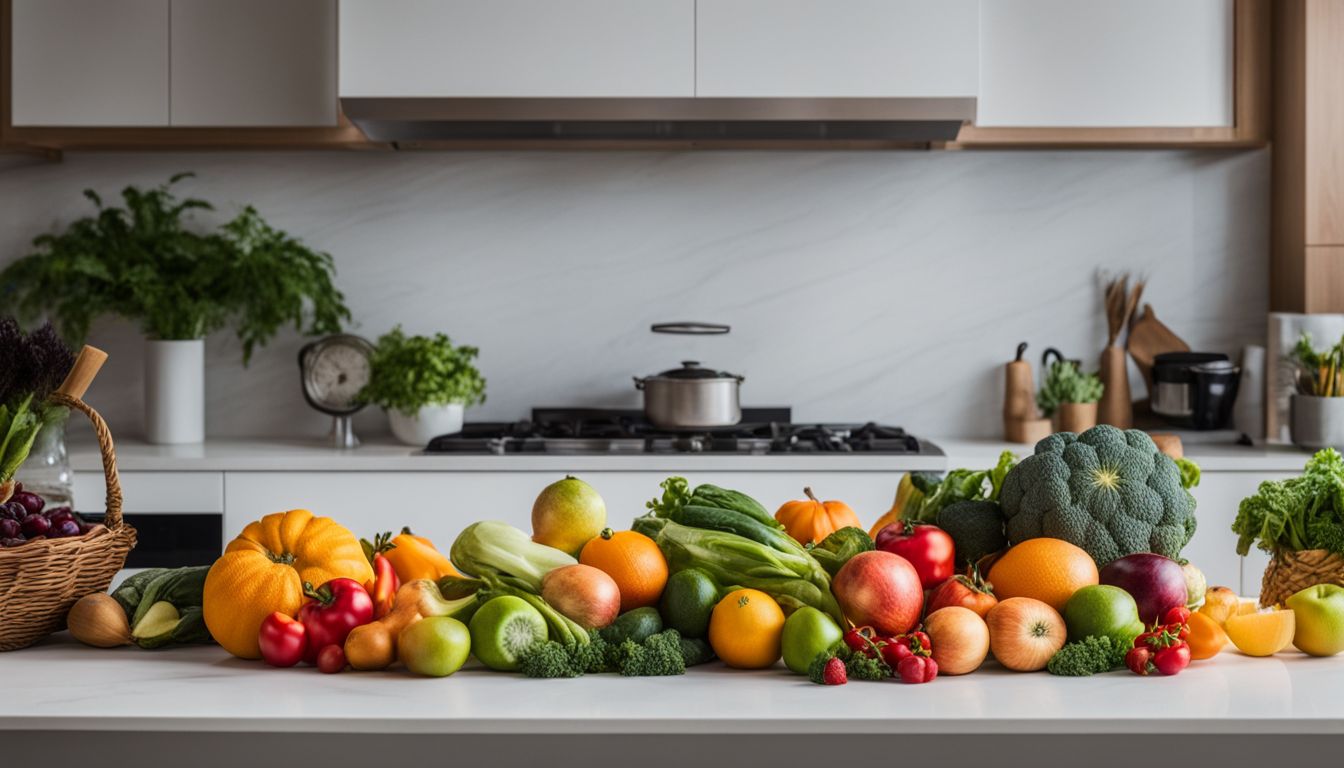 A vibrant display of fresh fruits and vegetables in a busy kitchen, captured in stunning detail.