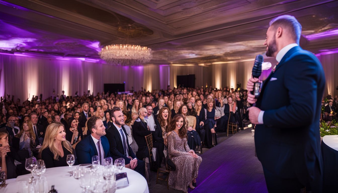 An emcee confidently addresses a large audience at a corporate event in a well-lit and bustling atmosphere.
