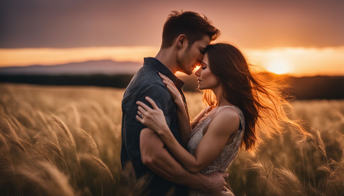 A couple embraces in a beautiful sunset field, showcasing different faces, hair styles, and outfits.