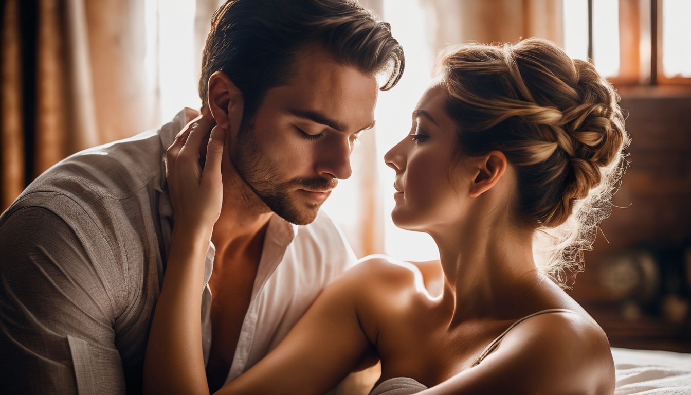 A couple indulging in a sensual massage in a candlelit room, captured with attention to detail and focus on their faces.
