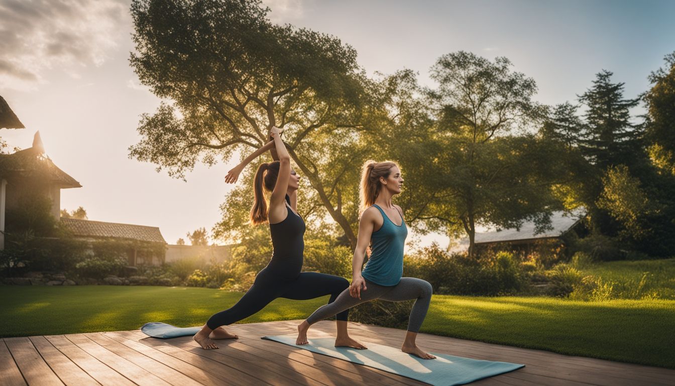 A man and a woman practicing yoga together in a peaceful garden setting.