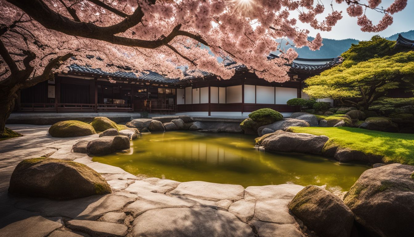 A tranquil Zen garden with blooming cherry blossoms and a bustling atmosphere.
