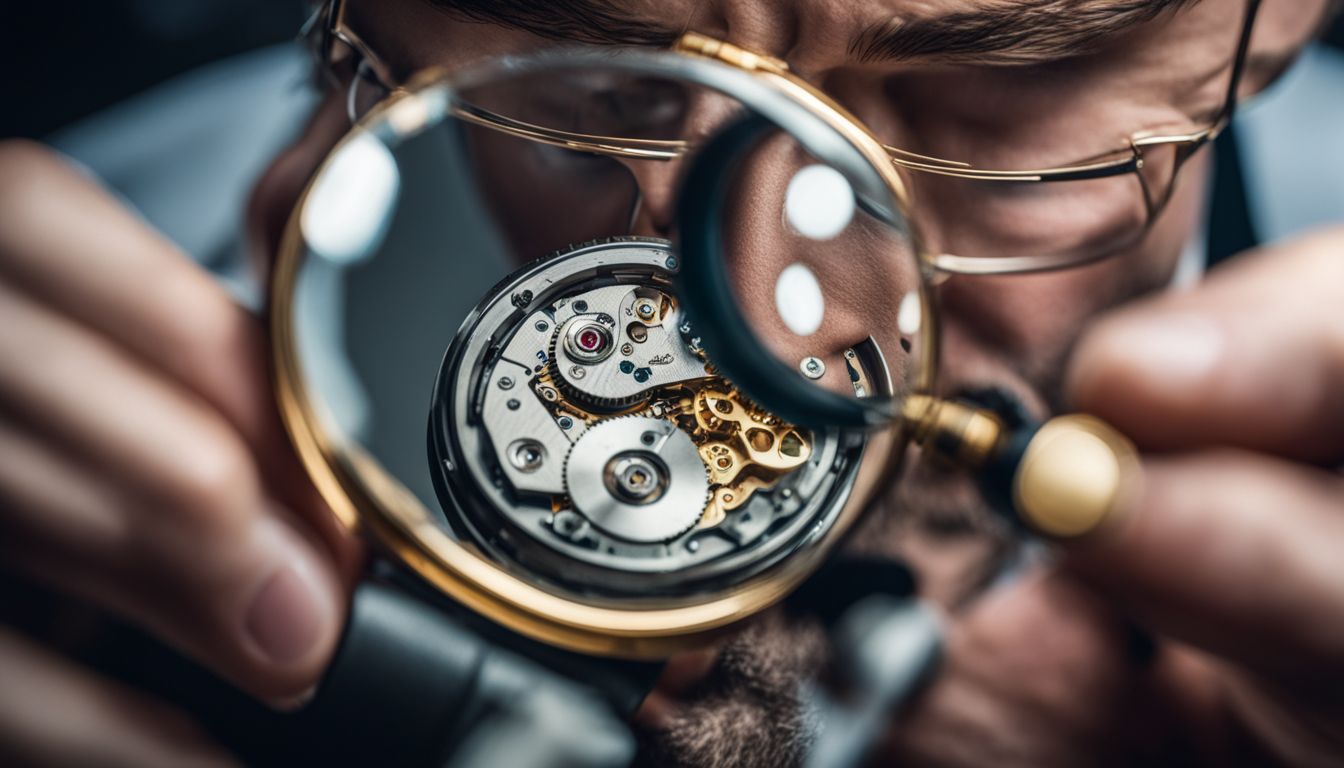 A watchmaker inspecting a luxury watch in a bustling atmosphere with various people and styles.