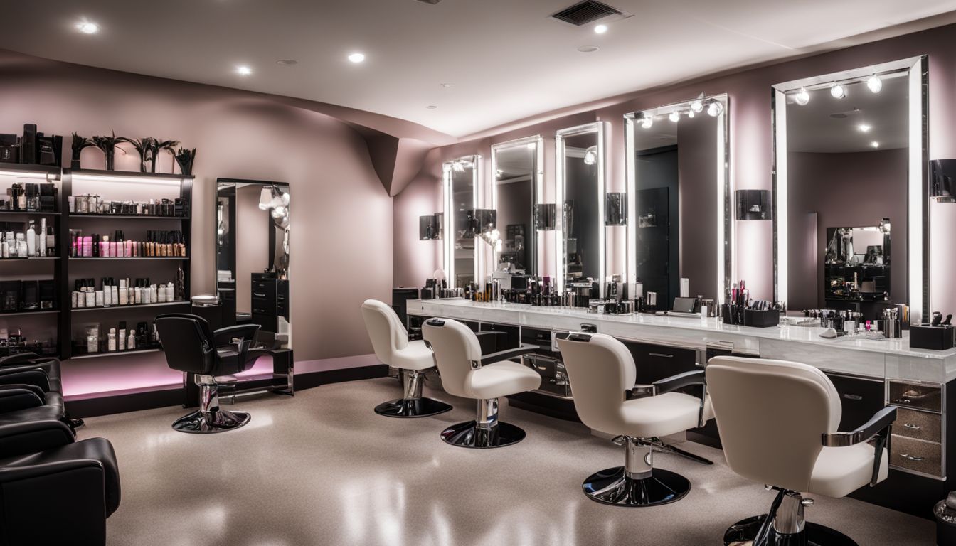A clean and organized salon station with various hairstylists and clients, showcasing different hair styles and outfits.