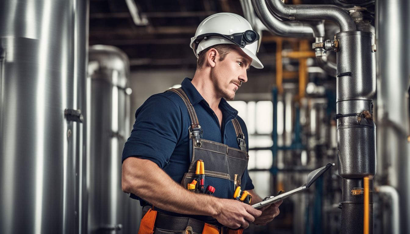 A confident plumber inspects pipes in a commercial building, wearing a tool belt and various outfits.