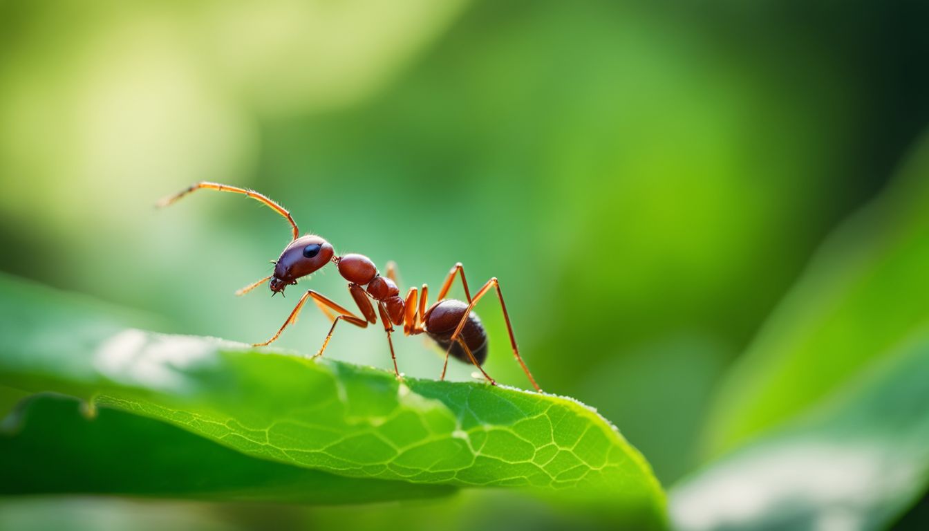 A close-up photo of an ant crawling on a leaf in a vibrant green forest with various people, showcasing different hairstyles and outfits.