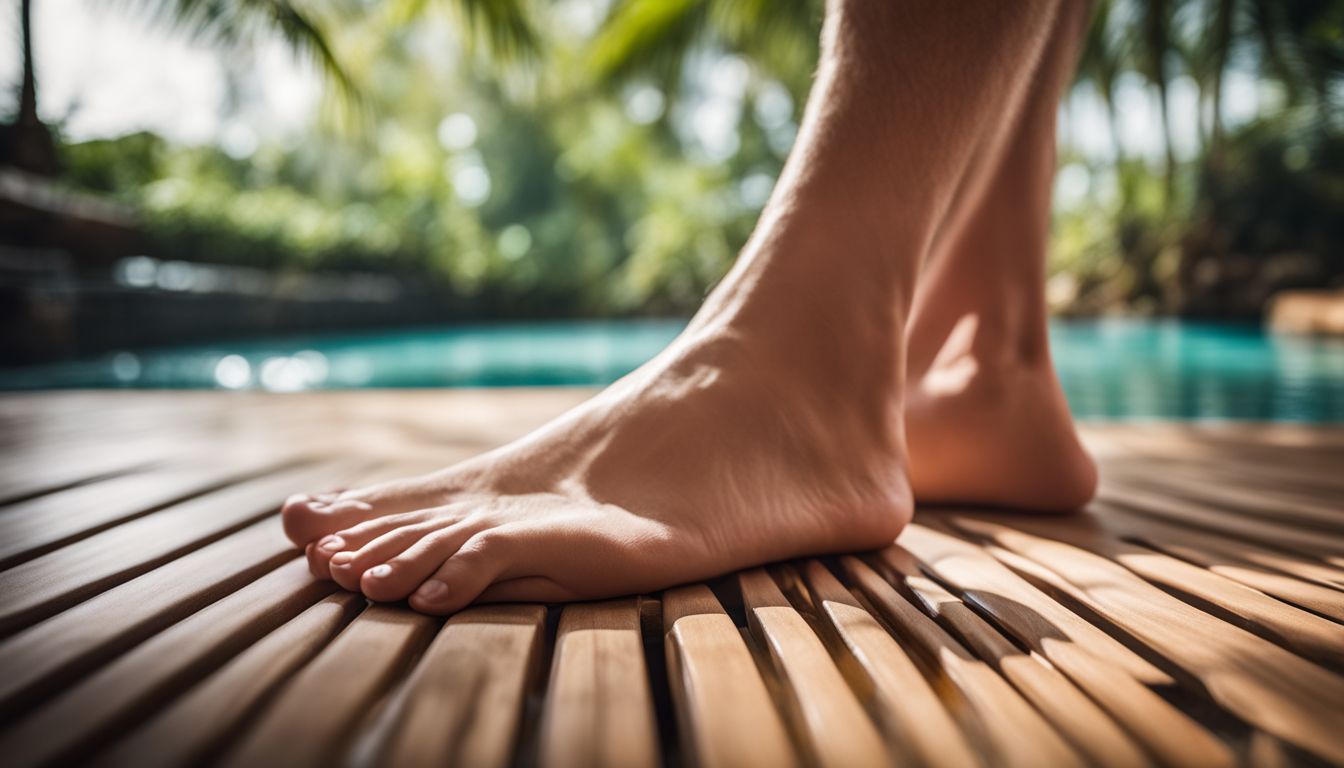 A close-up photo of a clean and well-groomed male foot in a spa environment with various people and activities.