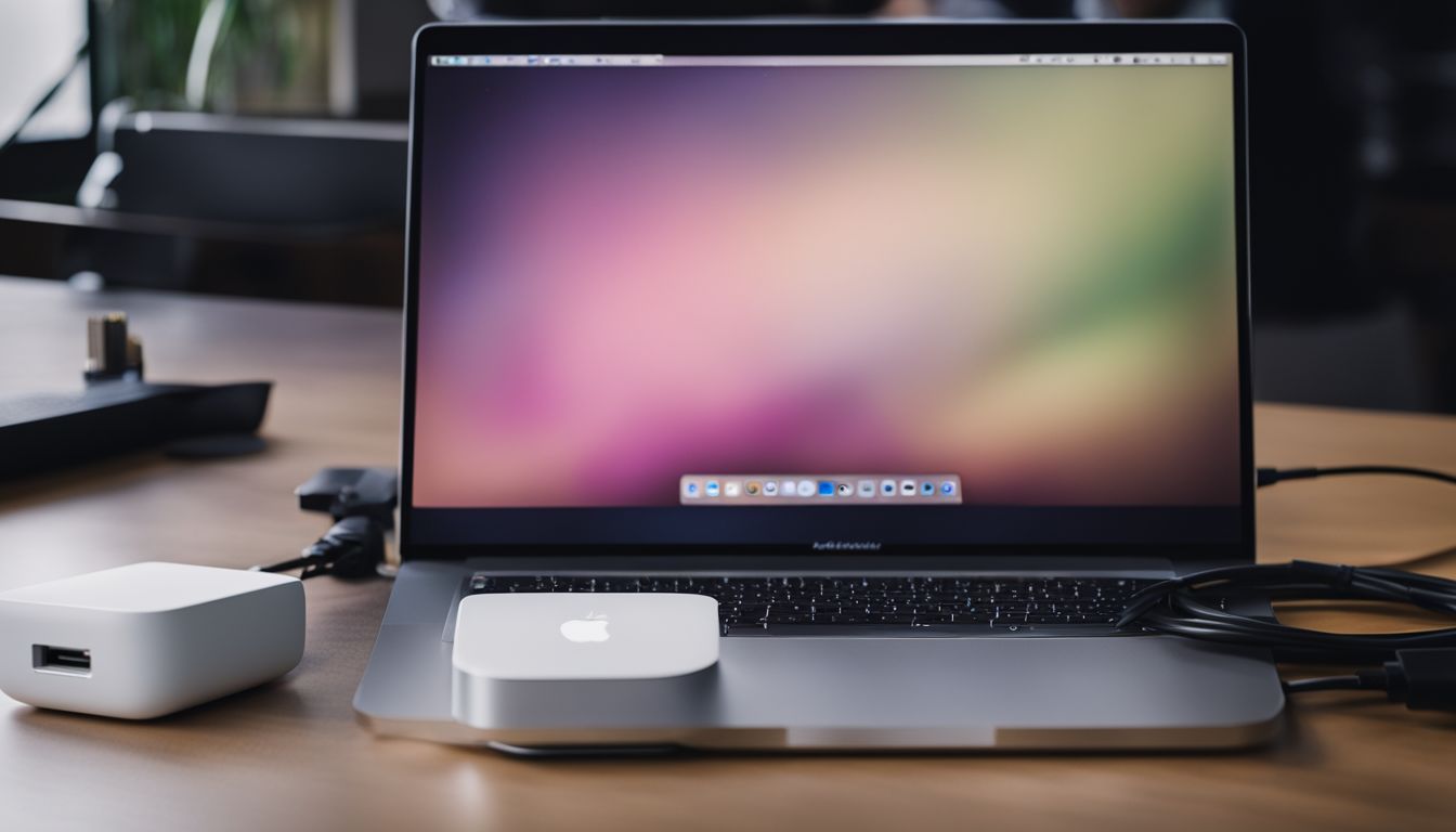The image depicts a MacBook charger in a well-lit, bustling desk setup with various people and outfits.