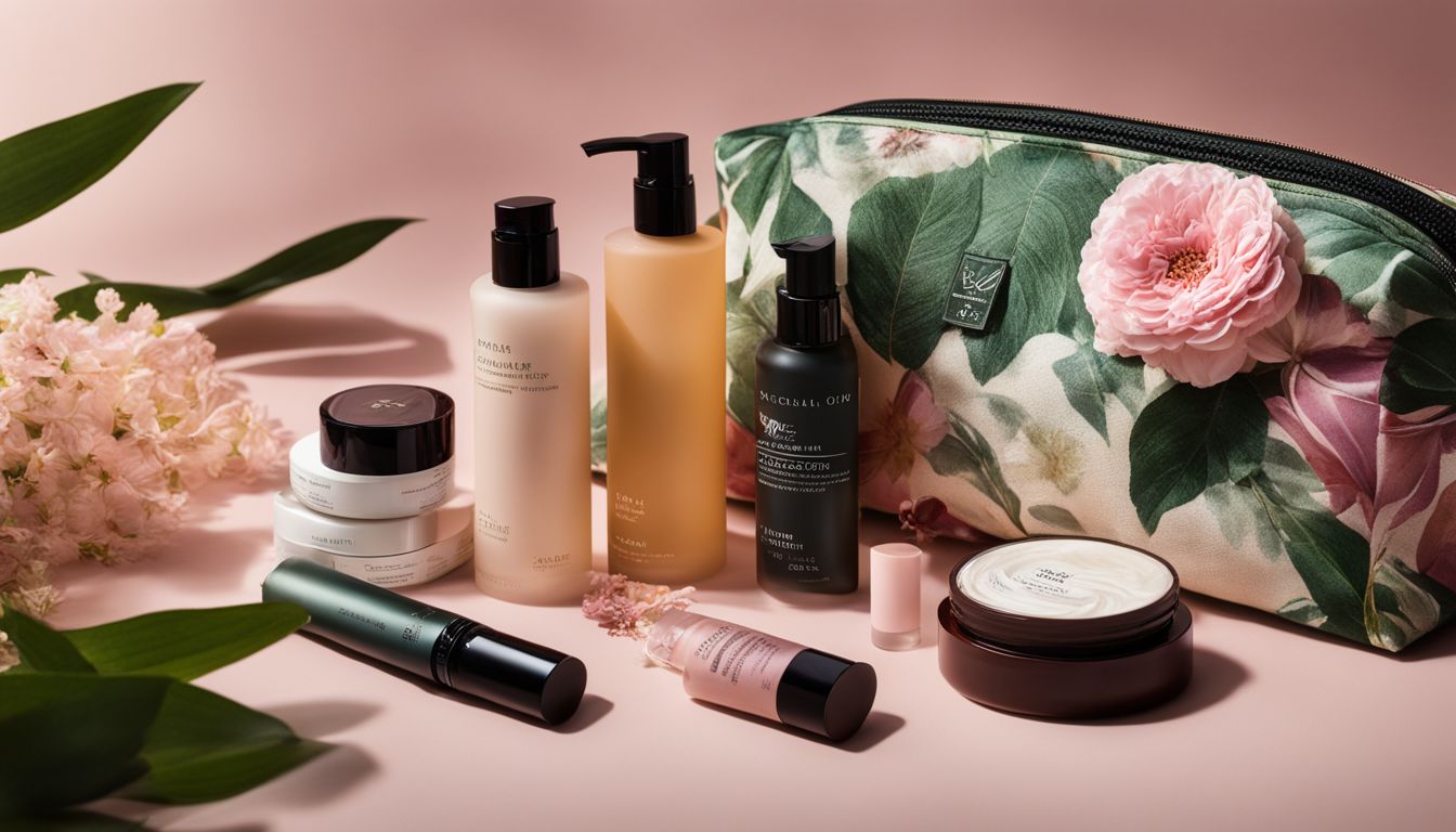 A photo of a cosmetic bag surrounded by flowers and greenery, with various skincare and makeup products.