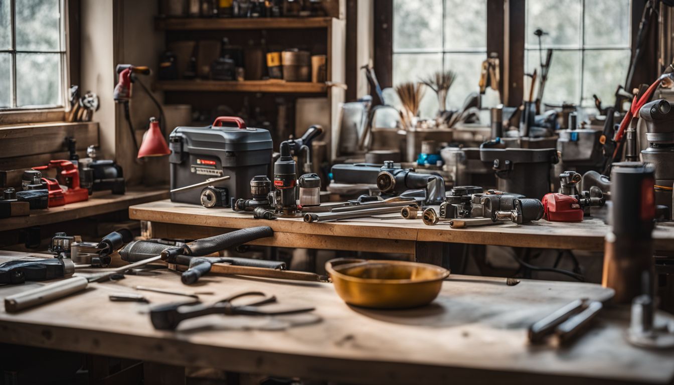 An organized workbench filled with plumbing tools and equipment.