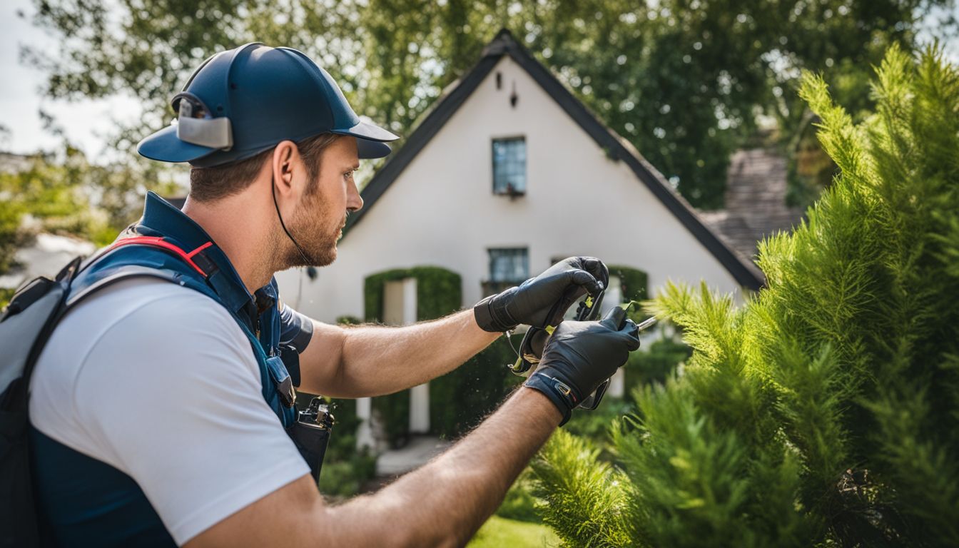 A professional pest control technician inspecting a residential property.