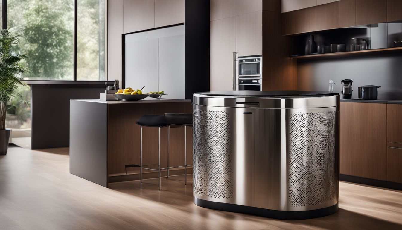 A photo of a modern stainless steel bin in a sleek kitchen environment.