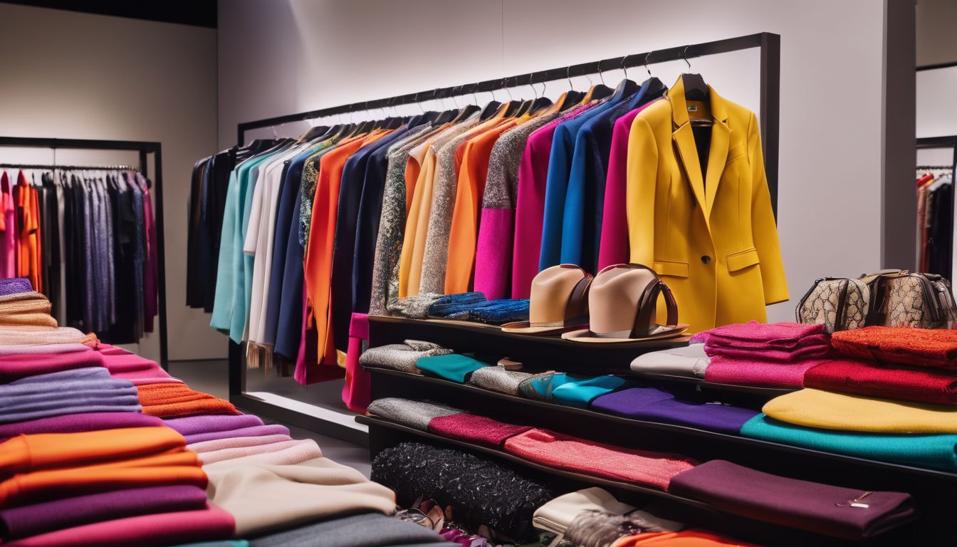 A vibrant display of colorful clothing and accessories in a stylish boutique in a bustling atmosphere.