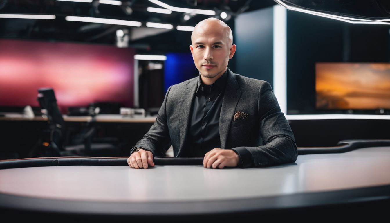 A confident bald man sits comfortably in a modern studio in Singapore, showcasing different faces, hair styles, and outfits.