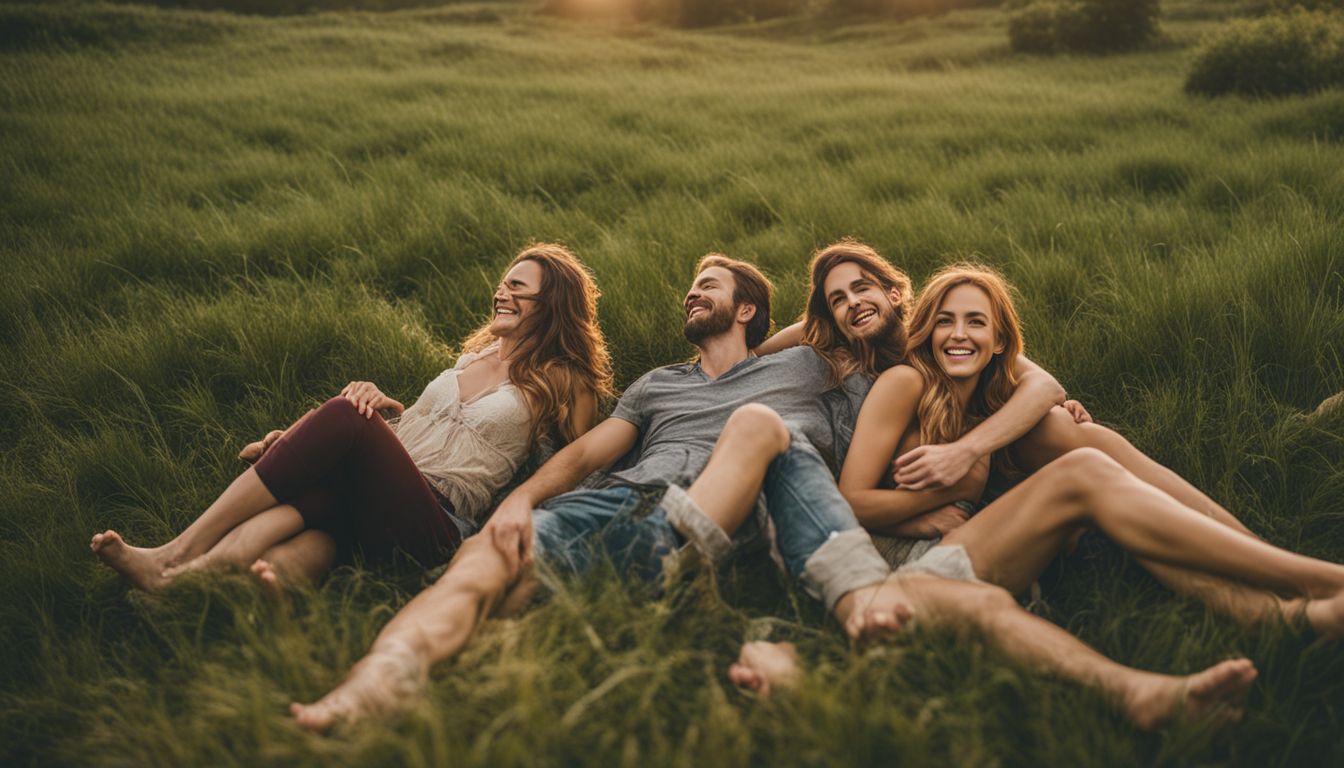 A photo of smiling bare feet on a grassy field capturing diverse individuals with unique hairstyles and outfits.
