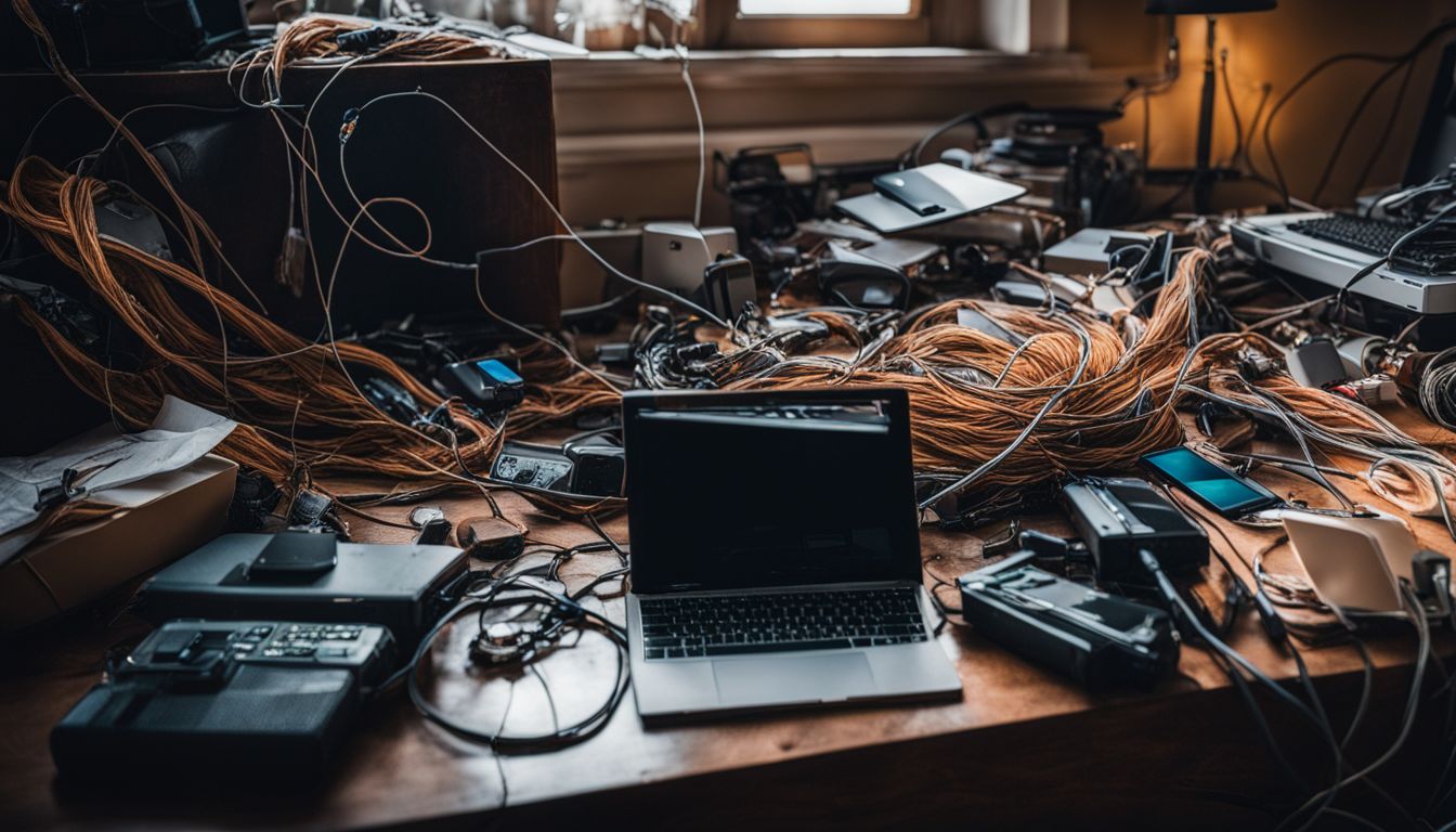 A chaotic scene of tangled cables and scattered electronic devices captured in a still life photograph.
