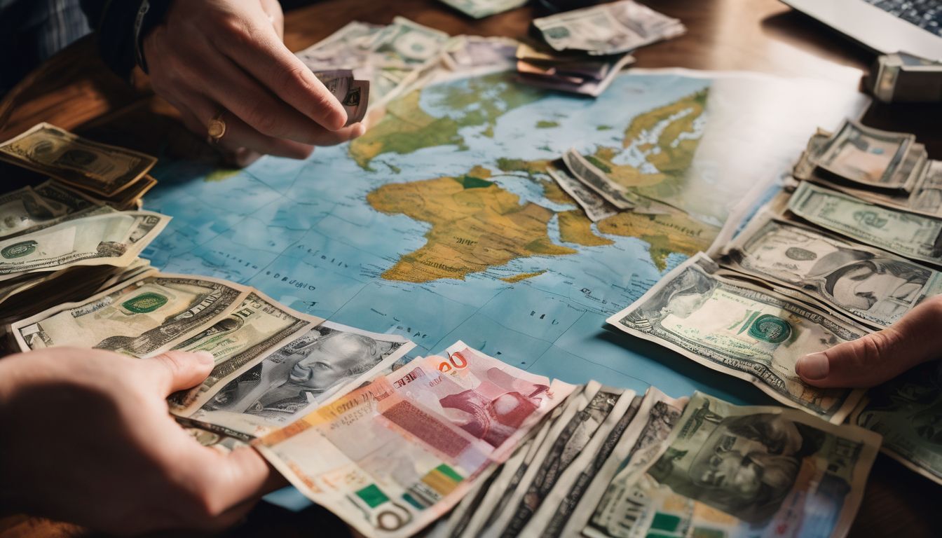The photo captures a person holding various currencies in front of a world map in a bustling atmosphere.