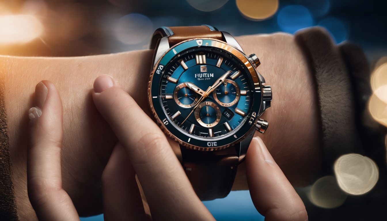 A person wearing a luxury watch is the subject of a detailed portrait photograph with various blurred watch brands in the background.