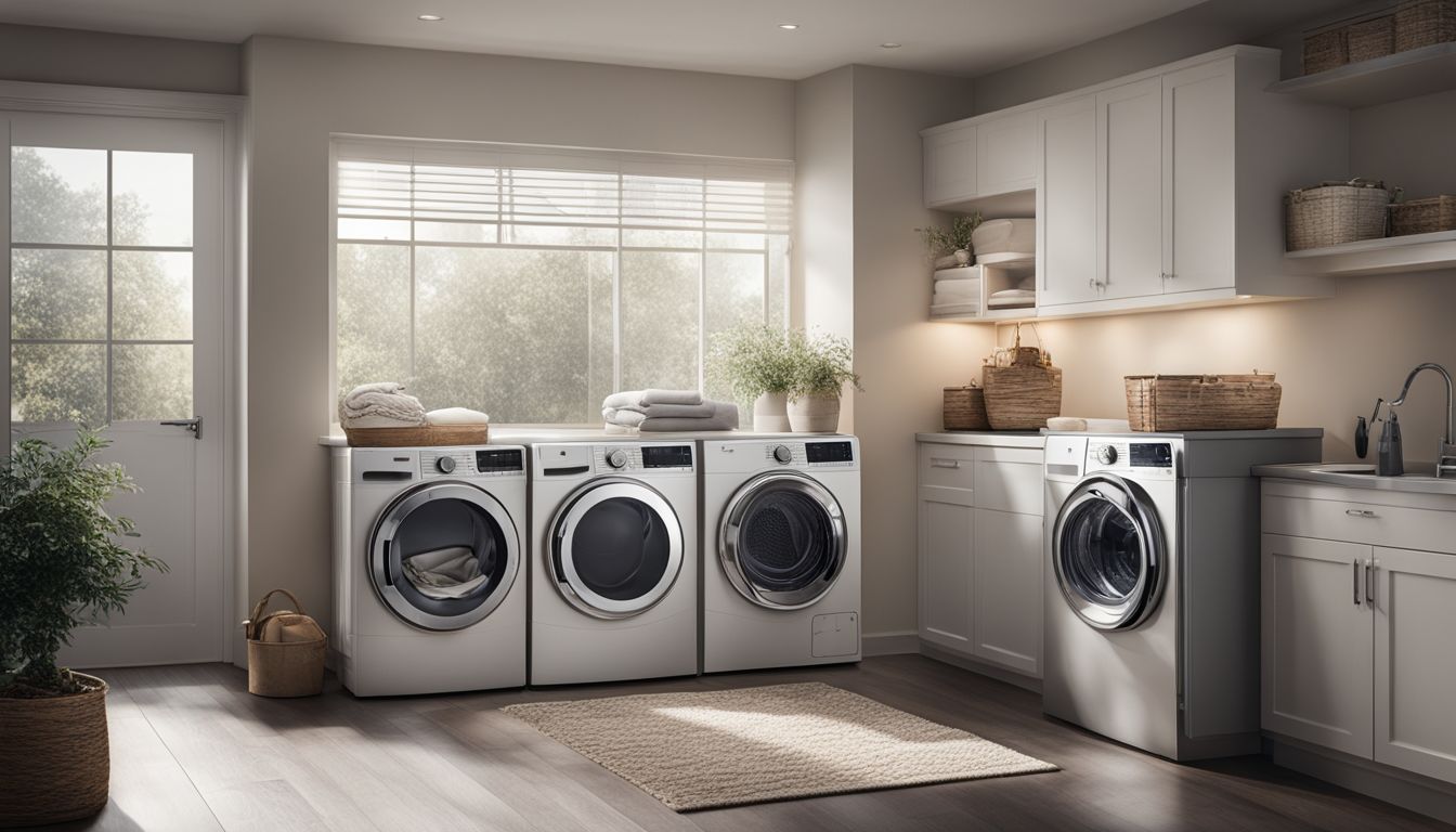 A fully functional dryer with clothes tumbling inside, surrounded by a modern laundry room in a bustling atmosphere.
