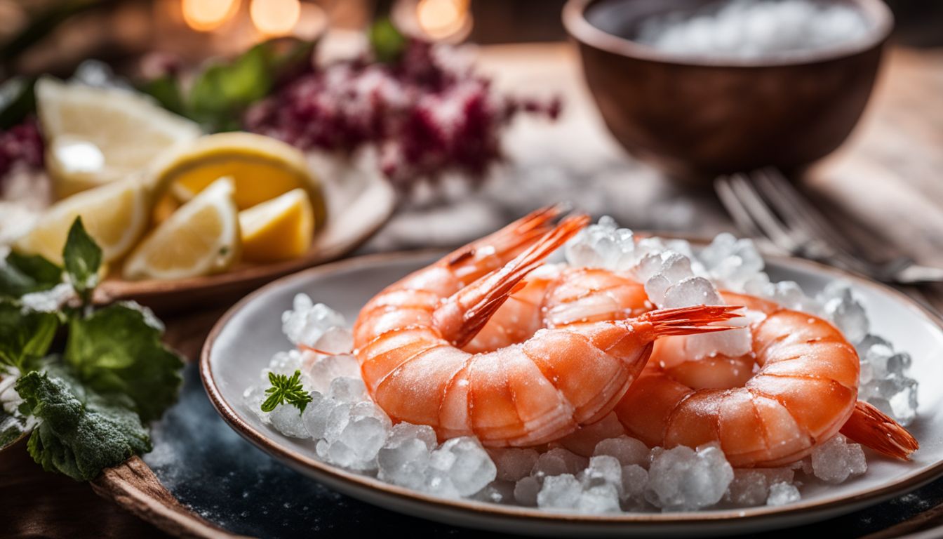A close-up shot of a plate with fresh and frozen prawns, featuring ice crystals on the frozen ones.