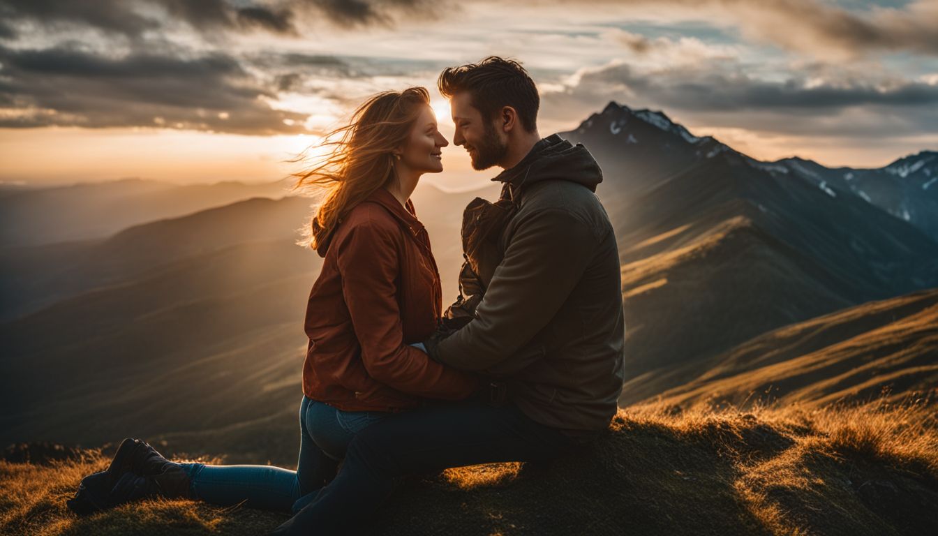 A couple embraces on a mountaintop at sunrise, capturing a breathtaking moment in a bustling atmosphere.