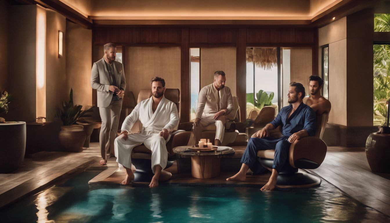 A diverse group of men enjoying a luxurious spa experience in a well-decorated setting.