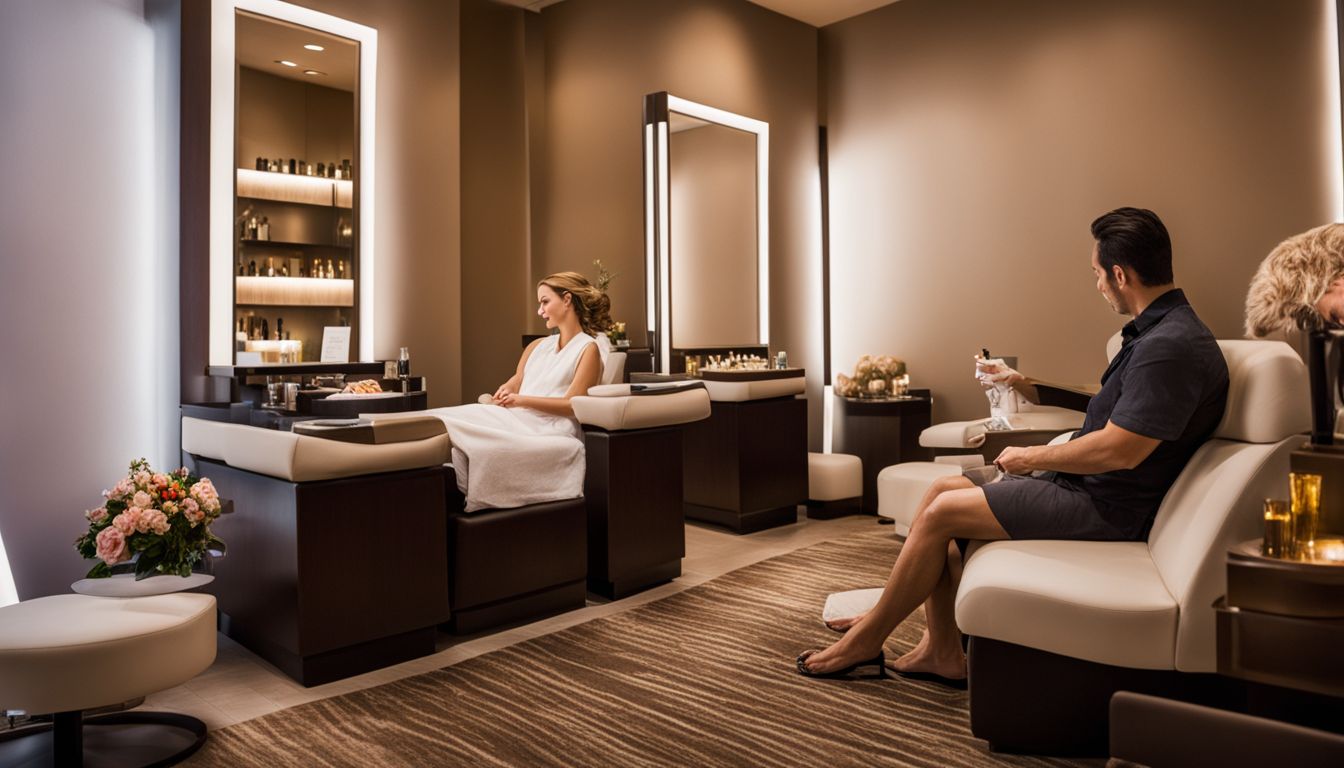 A man is getting a gel pedicure treatment at a luxurious spa surrounded by beautiful decor.