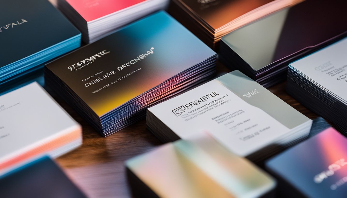 A stack of professionally designed business cards with various faces, hairstyles, and outfits.