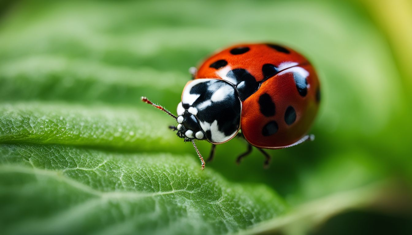 A close-up photo of a green leaf with a ladybug crawling on it, showcasing different individuals with various appearances, clothing, and hair styles.