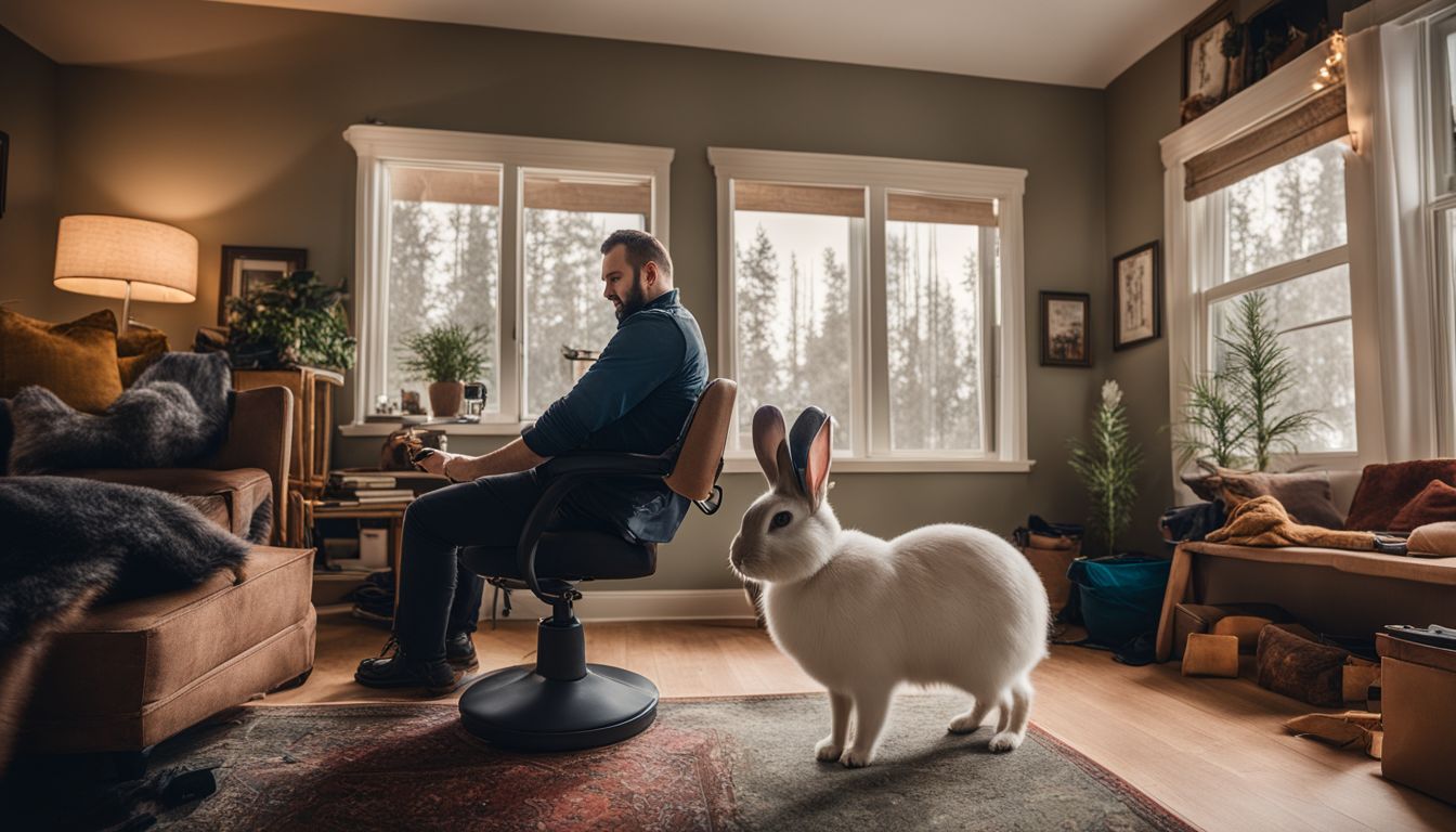 A groomer is seen in a cozy living room with grooming tools and a relaxed bunny.