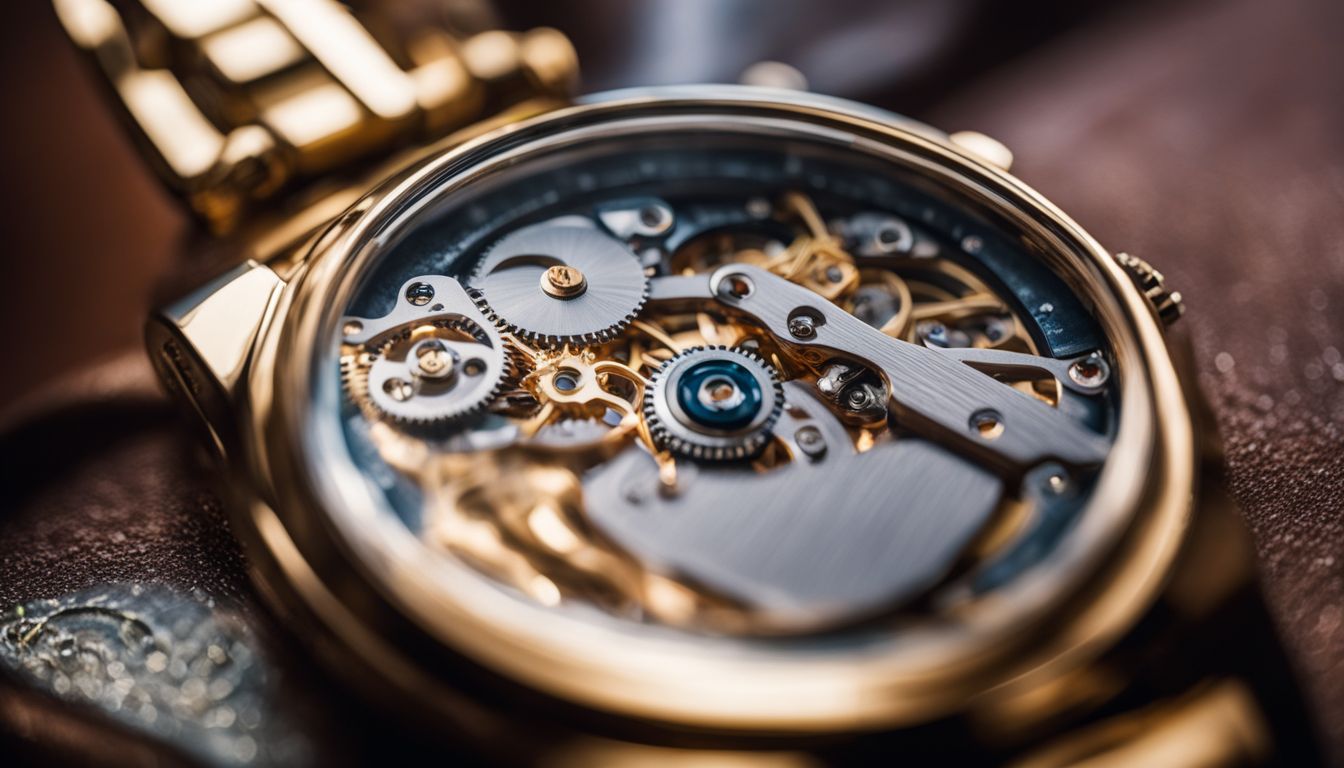A close-up photo of a magnifying glass inspecting the intricate details of a luxury watch.