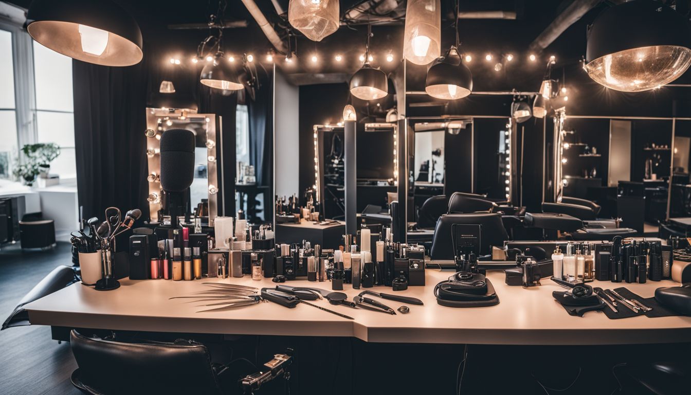 A photo showcasing various professional salon tools and equipment on a well-organized workstation.