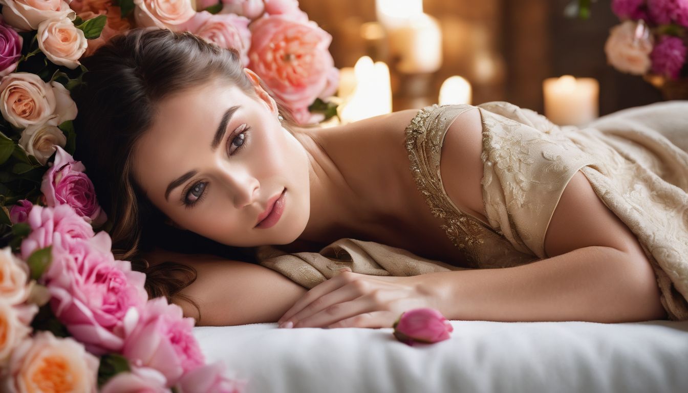 A woman enjoying a spa treatment surrounded by floral decorations on a comfortable bed.