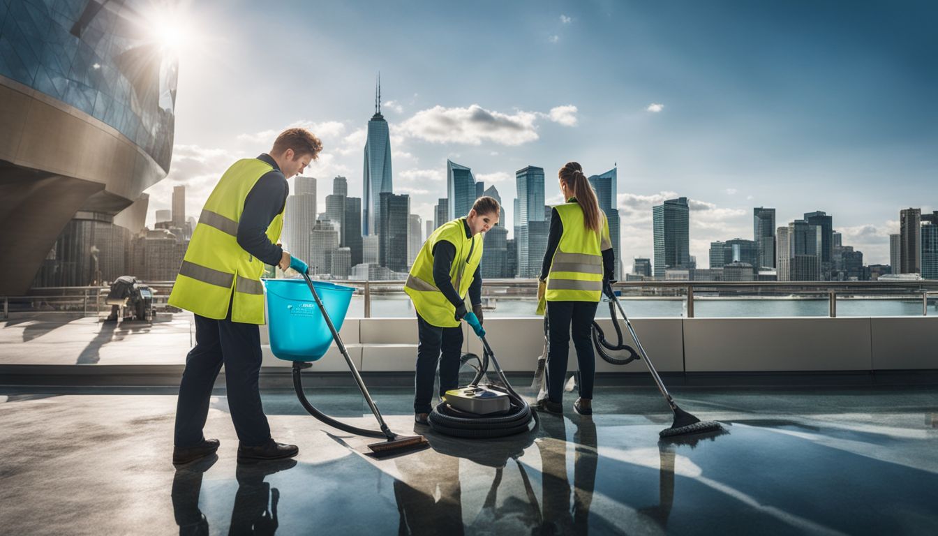 A professional cleaning crew is seen using cleaning equipment in a bustling cityscape.