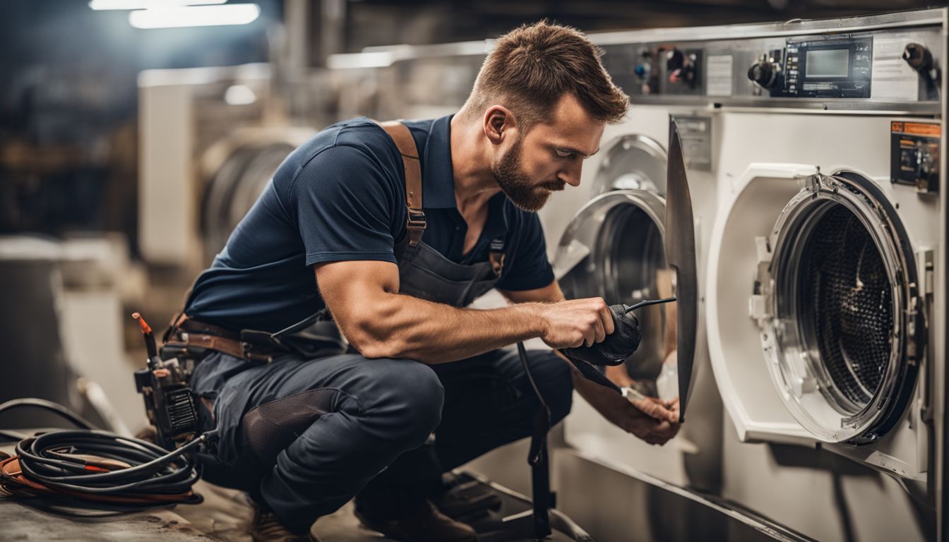 A professional repair technician examining a dryer with tools in a busy atmosphere.