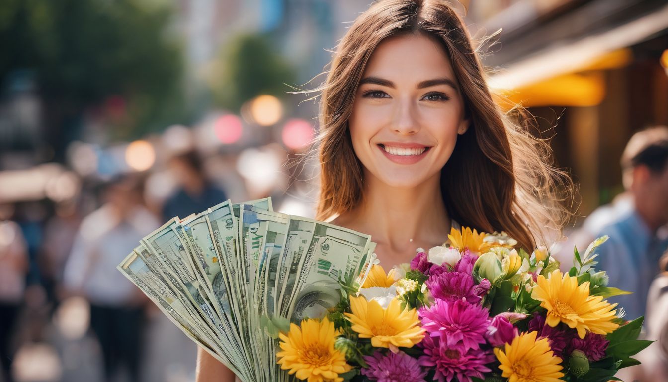 A woman holding a money bouquet surrounded by colorful flowers in a bustling atmosphere.