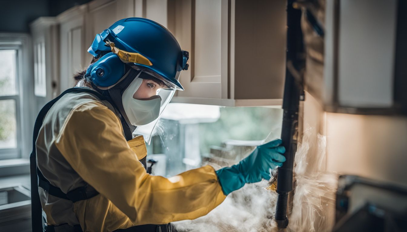A technician inspects a home for pests while wearing protective gear in a well-lit environment.