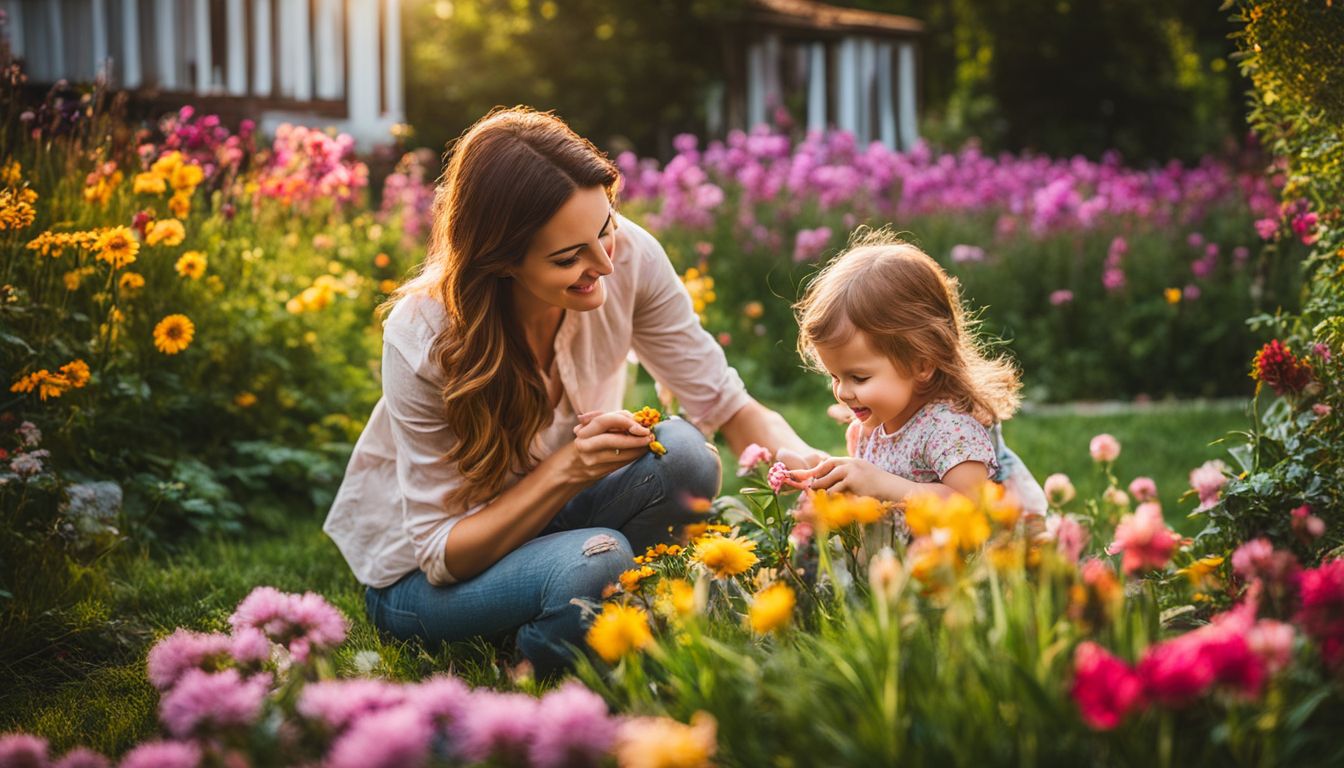 A mother and child enjoy playing in a colorful, pest-free backyard garden surrounded by flowers.