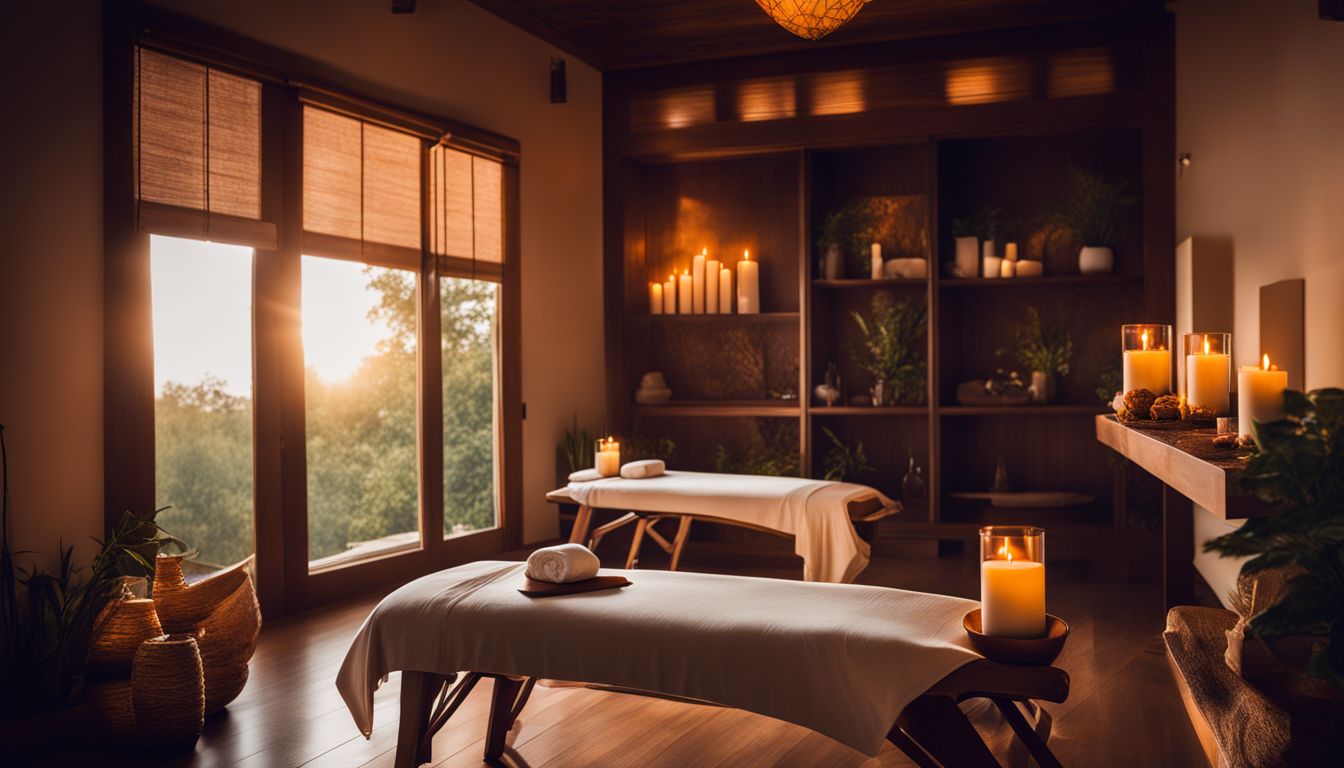 A serene massage room with a variety of people enjoying the relaxing atmosphere and nature-inspired décor.