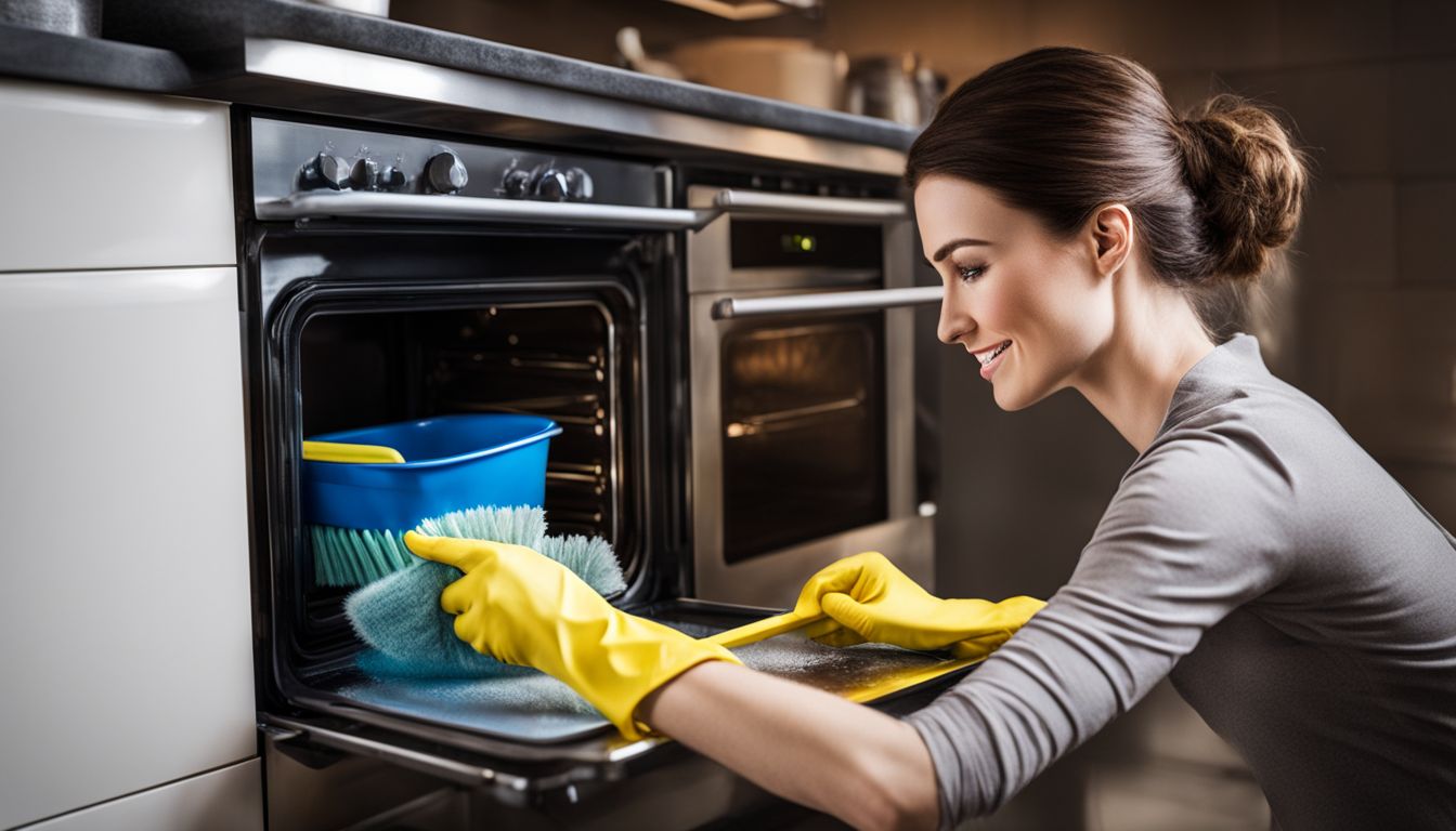 A woman cleans an oven wearing rubber gloves and using a scrub brush in a well-lit studio.