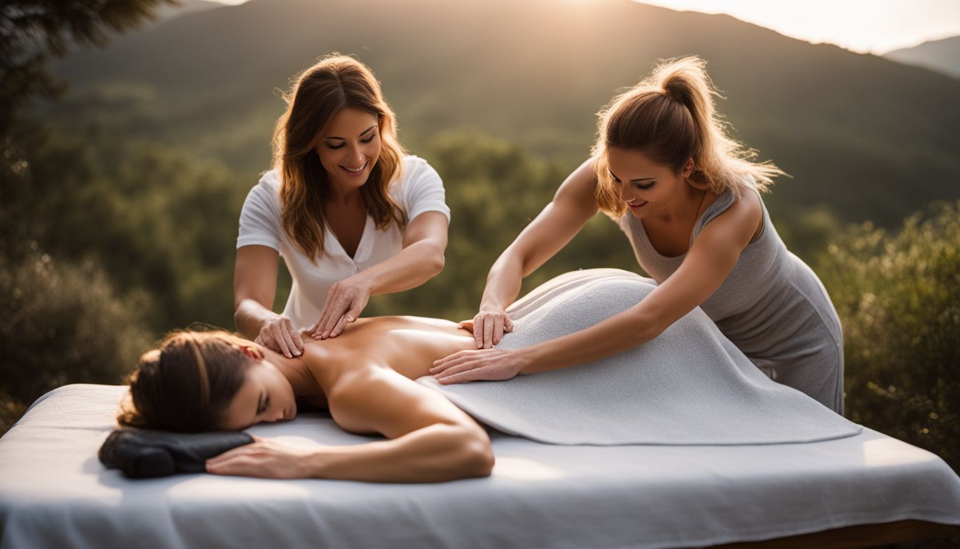 A massage therapist using essential oils on a woman's back in a serene outdoor setting.