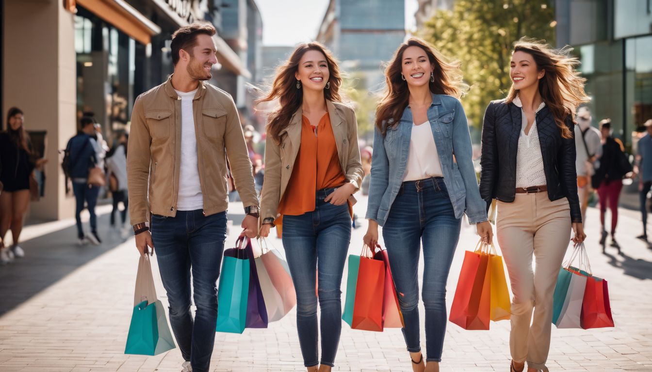 A diverse group of shoppers happily walk in front of IMM Outlet Mall with their shopping bags.